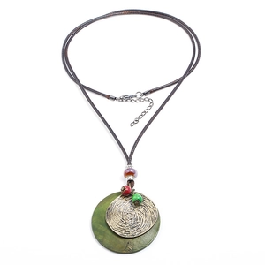 Ethnic long wax cord necklace with large wooden pendant and bronze metal disc