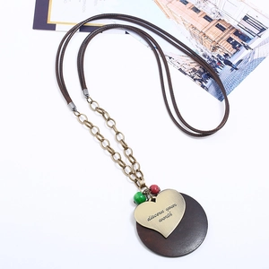 Vintage heart pendant sweater chain with leather cord and engraved metal disc