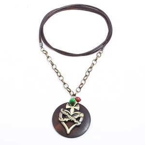 Vintage alloy heart pendant on brown wax cord with ethnic beads for women
