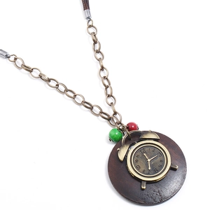 Vintage Steampunk Alloy Alarm Clock Pendant Long Necklace For Women Brown Wood Beads Wax Line Sweater Chain Ethno Jewelry
