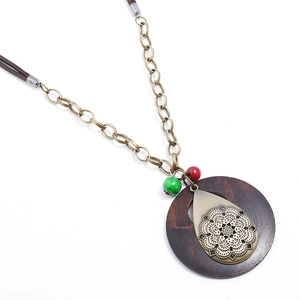 Collana con Pendente in Legno e Lega con Fiore Mandala Stile Etnico Vintage Bronzo Retrò Goccia d'Acqua Catena Lunga in Cordino Cerato Gioielli da Donna