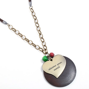 Women Retro Long Pendant Necklace Heart Wood Ring Design Alloy Engraved Sweater Chain Bohemian Ethnic Style Jewelry