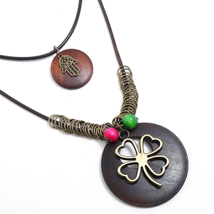 Vintage Bohemian Double Layer Long Sweater Chain For Women Alloy Wood Hamsa Hand Clover Pendant Bronze Ethnic Necklace