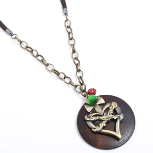 Vintage Heart Pendant Long Necklace For Women Alloy Wood Waxed Cord Bohemian Ethnic Style Sweater Chain Jewelry