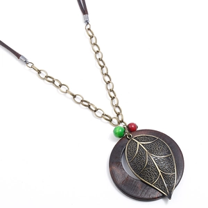 Vintage Bohemian Long Necklace Alloy Hollow Leaf Wood Ring Pendant Bronze Wax Cord Sweater Chain For Women Ethnic Style Jewelry