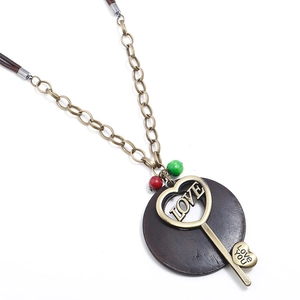 Collana Lunga Etnica Vintage Ciondolo Chiave Cuore Donna Bronzo Antico Lega Legno Cerchio Catena Maglione Gioielli Boho