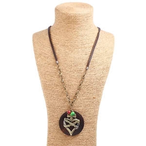 Vintage long wax cord necklace with heart pendant and wooden base for women sweater style