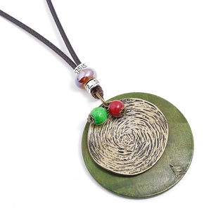 Vintage Ethnic Alloy Wood Pendant Necklace For Women Long Sweater Chain With Wax Cord Ceramic Beads Bohemian Jewelry Gift