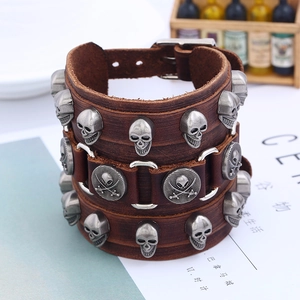 Punk brown wide genuine leather bracelet featuring vintage skull studs and metal charms