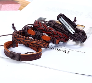Men's retro multilayer braided leather bracelet set with engraved metal plate