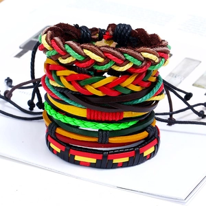 Handmade multilayer leather bracelet set with colorful bohemian woven cord designs