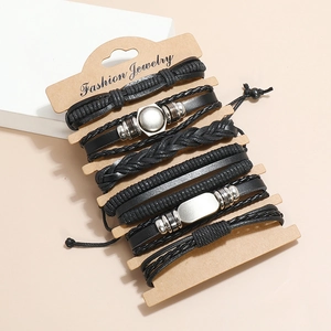 6-teiliges schwarzes Lederarmband-Set im Punk-Stil mit mehrlagigen geflochtenen Seilen