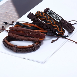 Retro multi-layer braided leather bracelet set for men with engraved forgiven metal plate