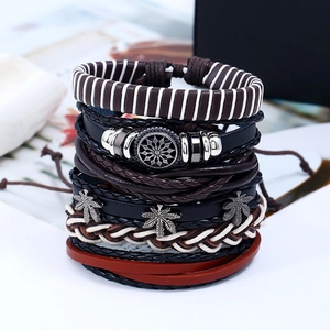 Retro multi-layer braided leather bracelet set with hemp leaf and floral gear charms