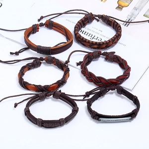 6-piece set of men's vintage multi-layer braided leather bracelets in brown tones