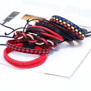 Set of 6 bohemian leather wrap bracelets featuring multilayer braided punk retro designs