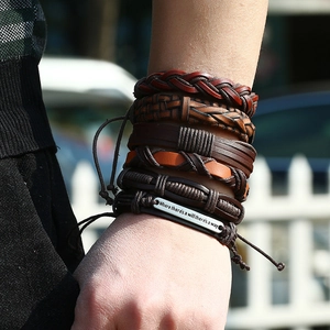 Men's vintage layered braided leather bracelets set with inspirational metal plate engraving