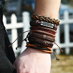 Men's retro multilayer braided leather bracelet set with engraved forgiven metal charm