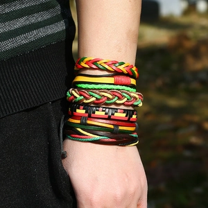 Multi-layer Rasta style braided leather bracelet set for men and women in vivid colors
