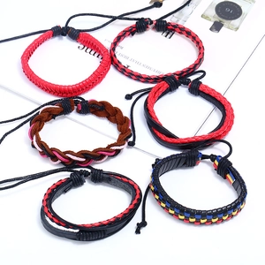 6-piece set of handmade woven leather bracelets with adjustable sliding cord closure