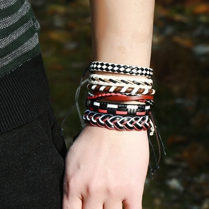 Men's retro braided leather bracelet set featuring multilayer punk style wristbands