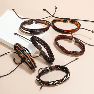 6-piece set of vintage braided leather bracelets in multi-layer punk and boho styles