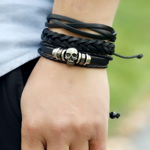 Vintage black multilayer braided leather bracelet set with silver skull charm