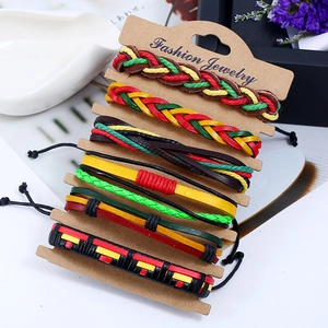 7-piece set of woven leather Rasta bracelets in red, yellow and green ethnic style