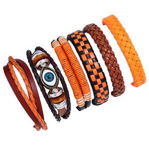 Retro Woven Cowhide Bracelet Set For Men Women Punk Multi-Layer PU Hemp Rope Adjustable Evil Eye Bohemian Wristband Jewelry