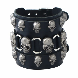 Men Punk Wide Cowhide Leather Bracelet Rock Gothic Style Alloy Skull Decoration Adjustable Buckle Cuff Bangle Fashion Jewelry Accessory