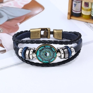 Retro multi-layer leather bracelet with Yin Yang mandala glass gem and snap button