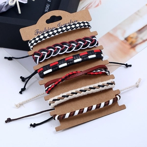 Vintage 6-piece woven leather bracelet set for men with checkered and braided patterns