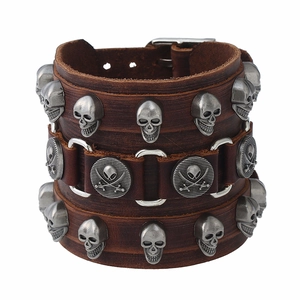 Punk Wide Cowhide Leather Bracelet Men Women Vintage Skull Rivets Alloy Buckle Gothic Rock Cuff Wristband Jewelry
