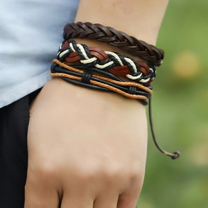 Retro braided leather bracelet set for men and women with adjustable cords in brown and black