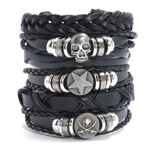 Retro Punk Woven Genuine Leather Bracelet Set Multilayer Skull Star Pirate Alloy Charm Braided Wristband Jewelry For Unisex