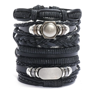 Echtes Leder Geflochtenes Mehrlagiges Armband Set Für Herren Damen Retro Punk Stil Schwarz 6er Set Verstellbarer Schmuck
