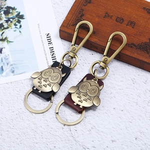 Retro bronze owl leather keychain set with durable carabiner clip and vintage metal charms