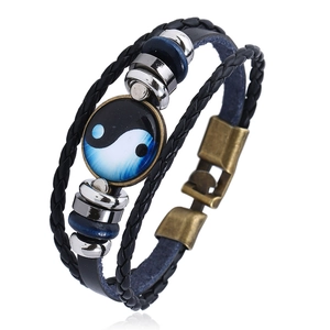 Vintage Punk Multi Layer Braided Leather Bracelet Yin Yang Glass Cabochon Alloy Charm Wristband For Men Women Ethnic Jewelry
