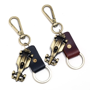 Vintage F1 Racing Car Keychain Zinc Alloy Genuine Leather Key Ring Retro Bronze Formula One Car Pendant For Men Gifts