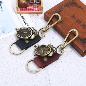 Vintage alarm clock leather keychain set with antique bronze carabiner in black and brown