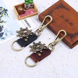 Vintage Leder Schlüsselanhänger mit antikem Bronze-Steuerrad und Anker für das Auto