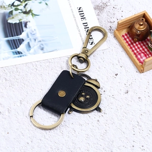 Retro alarm clock alloy pendant keychain with black leather strap and brass metal ring