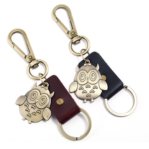 Vintage Owl Cowhide Keychain Zinc Alloy Leather Bag Charm Retro Animal Key Ring For Men Women Fashion Jewelry Gift