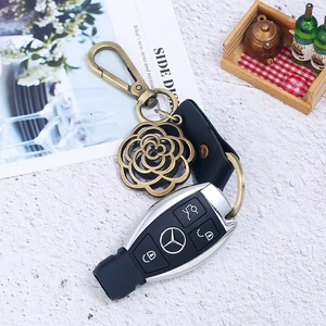 Detail of vintage bronze floral leather keychain with secure lobster clasp for car keys