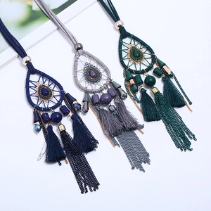 Bohemian dreamcatcher necklaces with teardrop stones and colorful layered tassels
