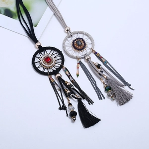 Bohemian dreamcatcher long necklaces with gemstones, tassels, and beaded chains in black and grey