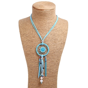 Bohemian dreamcatcher layered necklace with blue beads and long chain tassels style