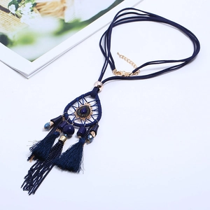 Bohemian dreamcatcher necklace with dark blue tassels and beaded multi-layer cord