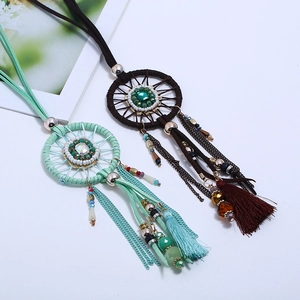 Bohemian dreamcatcher long necklace with tassel and faux gemstone in mint and burgundy