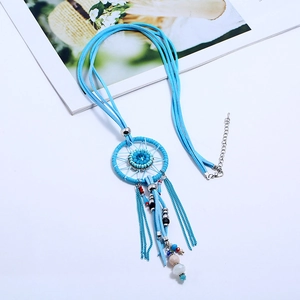 Bohemian dreamcatcher layered necklace with blue suede ropes and colorful beads